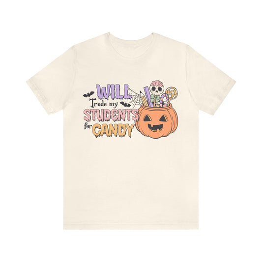 Spooky Halloween Teacher T-Shirt (Will Trade My Students For Candy)